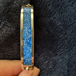 Vintage Mexico Sterling Silver Blue Agate Chip Clamper Bracelet
